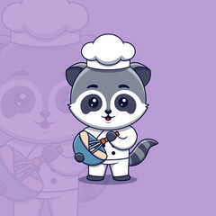Cute raccoon chef with whisk and mixing bowl