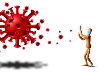 Wooden mannequin with word CORONA cells on white background. coronavirus omicron concept