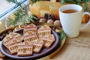 Christmas eve. Cookies in shape of houses and cup of tea