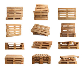 Fototapeta premium Set with wooden pallets on white background