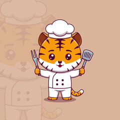 Cute tiger chef holding spatula and barbecue fork