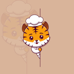 Cute tiger chef peeking out behind blank sign