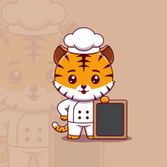 Cute tiger chef standing beside an empty signboard
