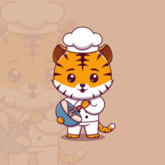 Cute tiger chef with whisk and mixing bowl