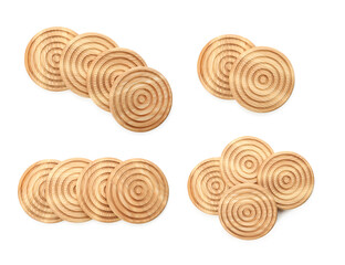 Set with stylish wooden cup coasters on white background, top view
