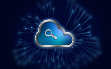 Magnifier Icon in Metallic Cloud Representing Wireless Technology