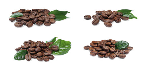 Set with roasted coffee beans on white background. Banner design