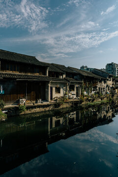 water city Shaoxing wupeng boat and landmark buildings