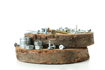 Work tools on wooden slices isolated on white background