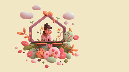 Obraz na płótnie Canvas Charming kawaii brunette girl leans on the windowsill, resting her chin on her hands, enjoys nature. Floating balcony with orange cat, yellow bird, green red leaves bushes. 3d render on beige backdrop