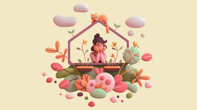 Charming kawaii brunette girl leans on the windowsill, resting her chin on her hands, enjoys nature. Floating balcony with orange cat, yellow bird, green red leaves bushes. 3d render on beige backdrop
