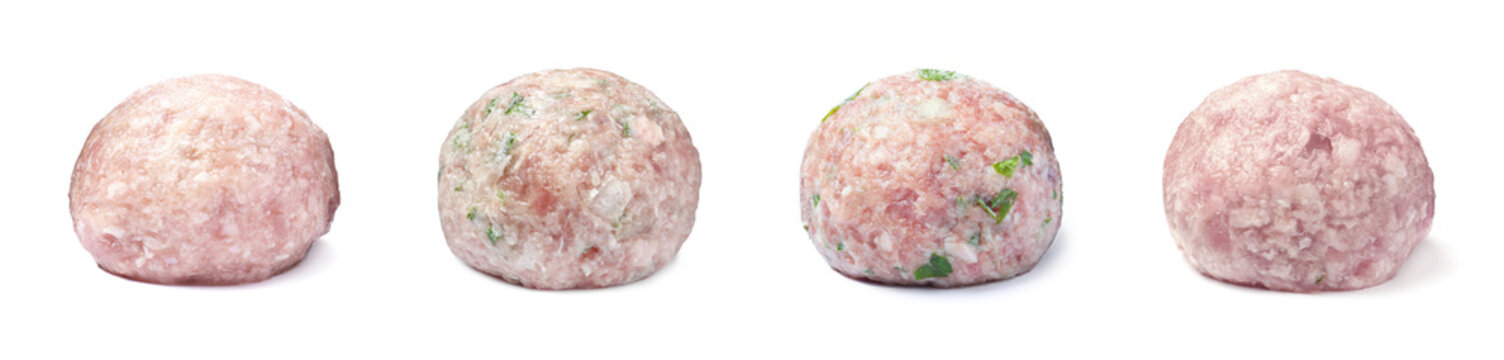 Set with fresh raw meatballs on white background. Banner design