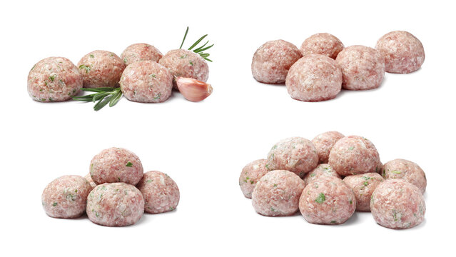 Set with fresh raw meatballs on white background