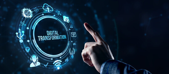 Internet, business, Technology and network concept.Concept of digitization of business processes and modern technology. Digital transformation. Virtual button.