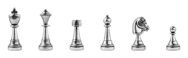 Fototapeta na wymiar Set with silver chess pieces on white background. Banner design