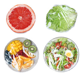 Different products wrapped with stretch film on white background, collage