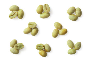 Green coffee beans isolated on white background, top view