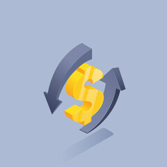 isometric illustration on gray background, yellow dollar sign with arrows, currency exchange or financial transactions - obrazy, fototapety, plakaty