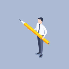 isometric vector illustration on gray background, man in business attire with pencil, making note