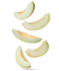 Pieces of delicious ripe melon falling on white background
