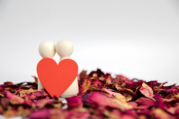 Romantic couple in love. standing on rose petals isolated on white background copy space, boyfriend and girlfriend, Valentines Day, Wedding concept