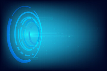 Vertical Blue redial angle. Blue technology background with 3d split circle. Line and dot of technology connection with wire on back. Light of future and innovation in globalization.