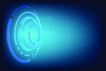 Vertical Blue redial angle. Blue technology background with 3d split circle. Line and dot of technology connection with wire on back. Light of future and innovation in globalization.