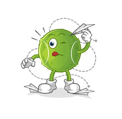 tennis ball with paper plane character. cartoon mascot vector