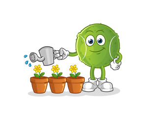 tennis ball watering the flowers mascot. cartoon vector