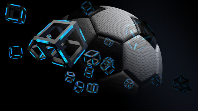 Black-white leather soccer ball and blue illuminated black cube. Concept image of sports science and block chain network technology. 3D illustration. 3D CG. 3D high quality rendering.