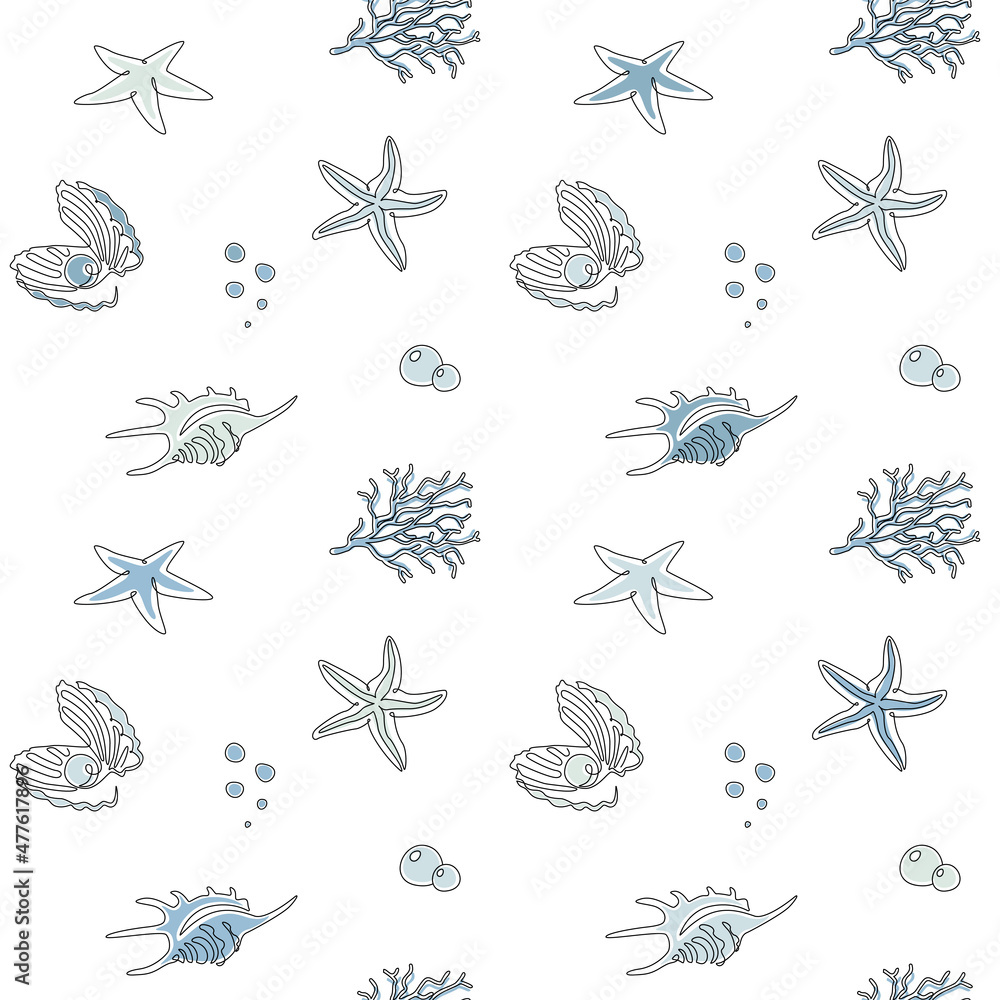 Poster abstract seamless pattern of sea shells and starfishes and underwater animals. elegance outline seas