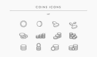 Set of related Coins icons for money and business. Vector coins flat symbols with black outlines. Editable stroke. Finance and currency exchange. Banking, investment, and payment linear icon vector