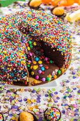 Delicious Sweet Bakery Patisserie Food Menu Gourmet Meal Dessert Chocolate Strawberry Lemon Flour Cake Pie Piece Chicken Fry Cheese Pizza Bread Still Product Carnival Mardi Gras Theme