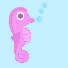 Cute purple seahorse.Fish in ocean.Sea horses with bubbles.Hippocampus concept.Undersea animal.Sign, symbol, icon or logo isolated.Cartoon vector illustration.Flat design.Doodle or clipart.