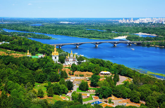 Panoramic view of Kiev with Monastery of the Caves and River Dnerp, Ukraine.