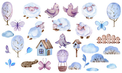 Watercolor childrens set of elements. Decorative elements of a sheep, a balloon, houses, birds, butterflies. Hand painted isolated childrens details in farm style