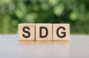 Sustainable Development Goal SDG in cubes on a gray-green background