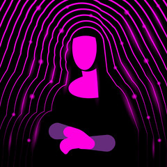 Abstract neon digital art with Mona Lisa outline silhouette.