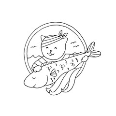 Cat sailor with a catch. Animal. A fish. Fisherman. Fishing. The cat in the vest. Vector. Doodle. Drawn by hand. Sketch. Silhouette. Black and white. Contour. Coloring.
