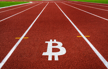 Running track on a stadium with Bitcoin, Euro and Dollar logo