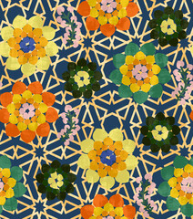 Abstract Moroccan Style Dahlias Florals Interior Concept Seamless Pattern Geometrical Backdrop