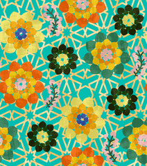 Abstract Moroccan Style Dahlias Florals Interior Concept Seamless Pattern Geometrical Backdrop