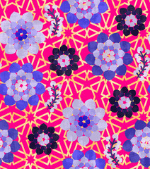 Fototapeta na wymiar Abstract Moroccan Style Dahlias Florals Interior Concept Seamless Pattern Geometrical Backdrop