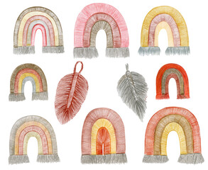 Set of rainbows in boho macrame style. Beige pastel illustration