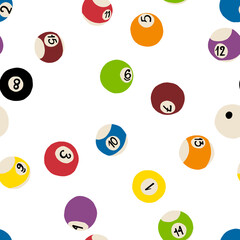 Funny hand-drawn pool, billiard game seamless pattern on isolated background. Ball with numeration. Vector illustration