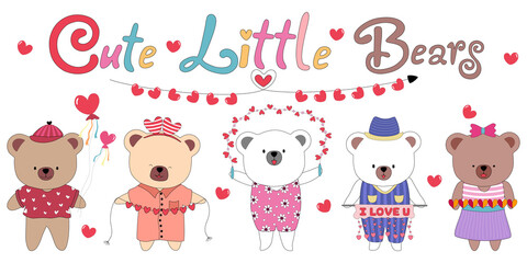 Vector illustration set, cute little bear with decorations. In Valentine's themes for cards, gifts, backgrounds, Valentine's Day decorations, covers, t-shirt designs, pillow patterns, and more.