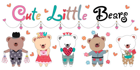 Vector illustration set, cute little bear with decorations. In Valentine's themes for cards, gifts, backgrounds, Valentine's Day decorations, covers, t-shirt designs, pillow patterns, and more.