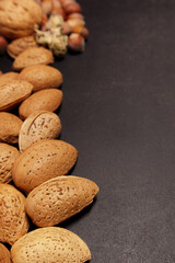 Almond, Walnut and Hazelnut with shell isolated on on a dark background. Selective focus
