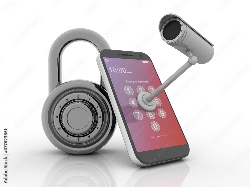 Poster 3d rendering surveillance cctv security camera with mobile network
