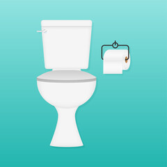 White ceramics clean toilet with toilet paper on the wall. Toilet room. Vector stock illustration.